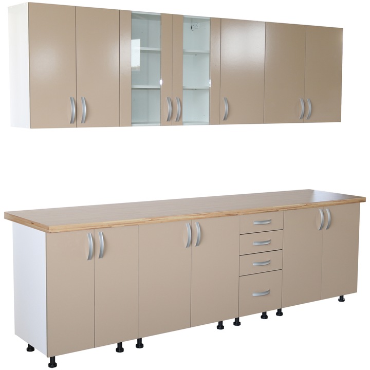 Bucatarie Zebra 260 cm din PAL Cappuccino cu blat termoizolant crem