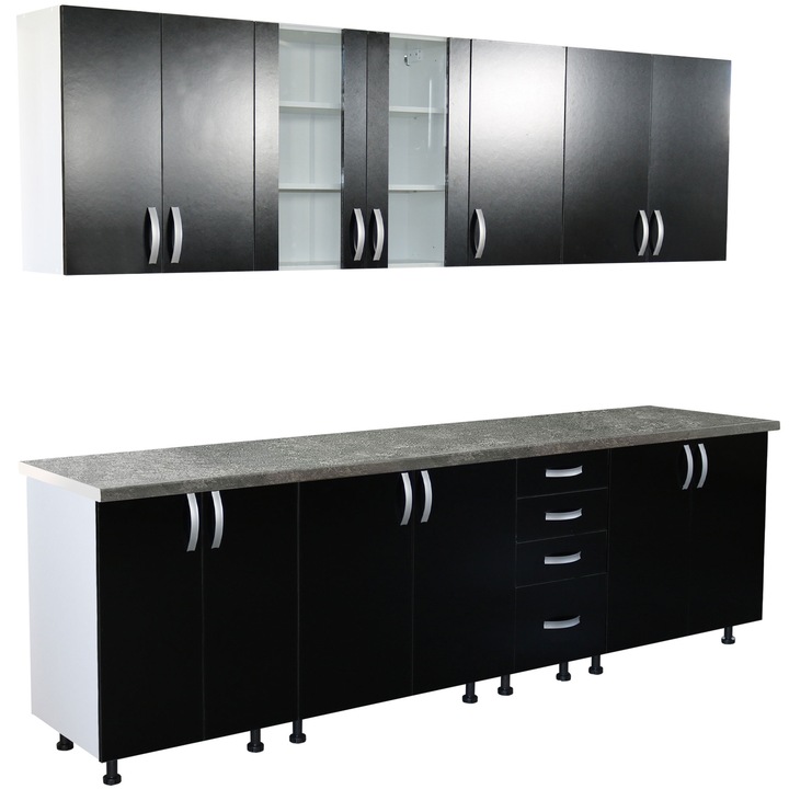 Bucatarie Zebra 260 cm din PAL Negru cu blat termoizolant gri