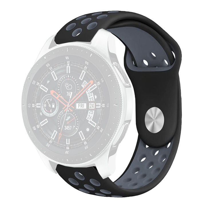 Силиконова каишка WatchBand™ Holes, Съвместима със смарт часовник Samsung Galaxy Watch 46 мм, Huawei Watch GT/GT 2 46 мм и други часовници с ширина на каишката 22 мм, черно-сив
