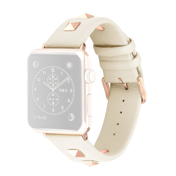 Curea din piele naturala WatchBand™ Prime, Compatibila cu Apple Watch 1/2/3/4/5/6/7/8/SE/Nike+/Ultra - 42/44/45/49 mm, Alb