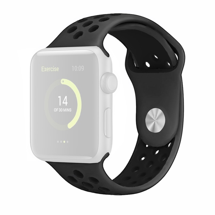 Силиконова каишка WatchBand™ Holes Съвместима с Apple Watch 1/2/3/4/5/6/7/8/SE/Nike+/Ultra - 42/44/45 мм, Черен