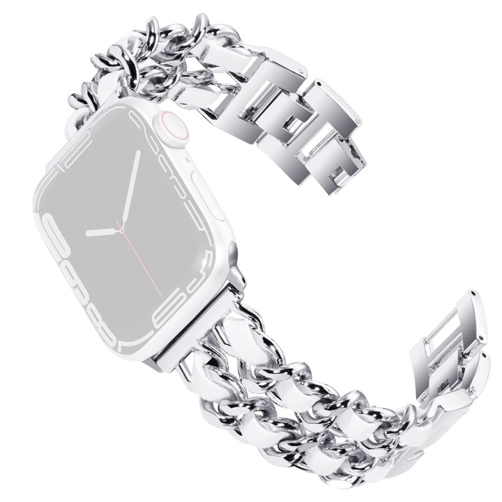 WatchBand™ метална каишка с двойна верижка, съвместима с Apple Watch 1/2/3/4/5/6/7/8/SE/Nike+/Ultra - 38/40/41 мм, сребрист