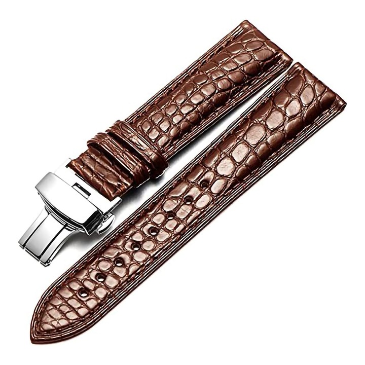 Curea din piele ecologica WatchBand™ Crocodile, Compatibila cu smartwatch Samsung Galaxy Watch 46 mm, Huawei Watch GT/GT 2 46 mm si alte ceasuri cu latimea bratarii de 22 mm, Maro