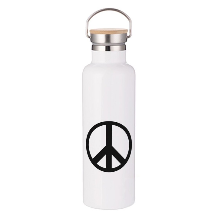 Termos Travel Flask, Model Peace, Perete dublu, Inox/Bambus, 750 ml, Alb