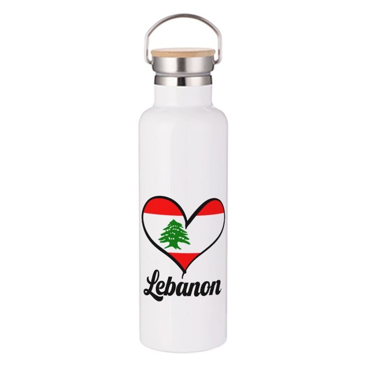 Termos Travel Flask, Cu steagul Libanului, Perete dublu, Inox/Bambus, 750 ml, Alb