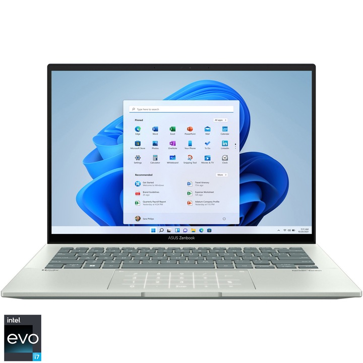 Laptop ASUS Zenbook 14 OLED UX3402ZA cu procesor Intel® Core™ i7-1260P pana la 4.70 GHz, 14", 2.8K, OLED, 16GB, 1TB SSD, Intel® Iris Xe Graphics, Windows 11 Home, Aqua Celadon