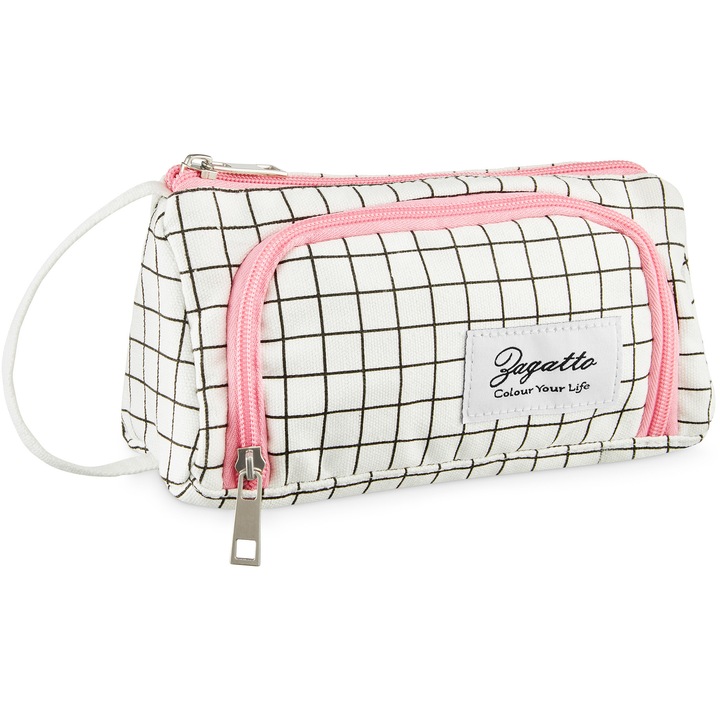 Penar fete, Zagatto®, Alb, negru si roz, Dimensiuni 23x8x12 cm, Mare, Cu 3 compartimete, Penar scolar neechipat, Multifunctional, Usor, rezistent si practic, Impermeabil, Maner pentru trasport, Tip borseta, ZG720