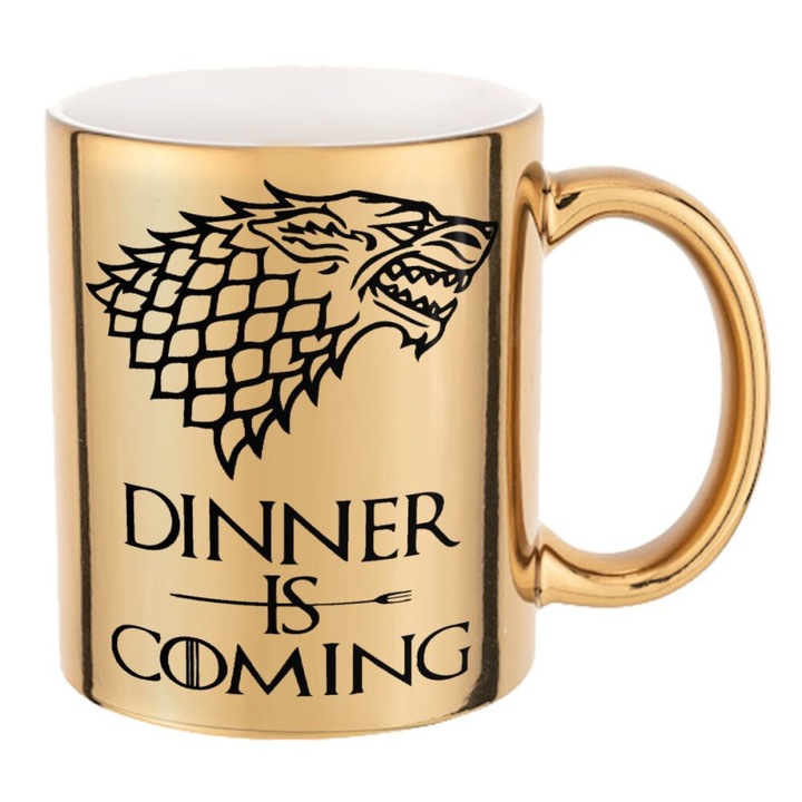 Cana cu oglinda, Dinner is coming, Ceramica, 330 ml, Auriu