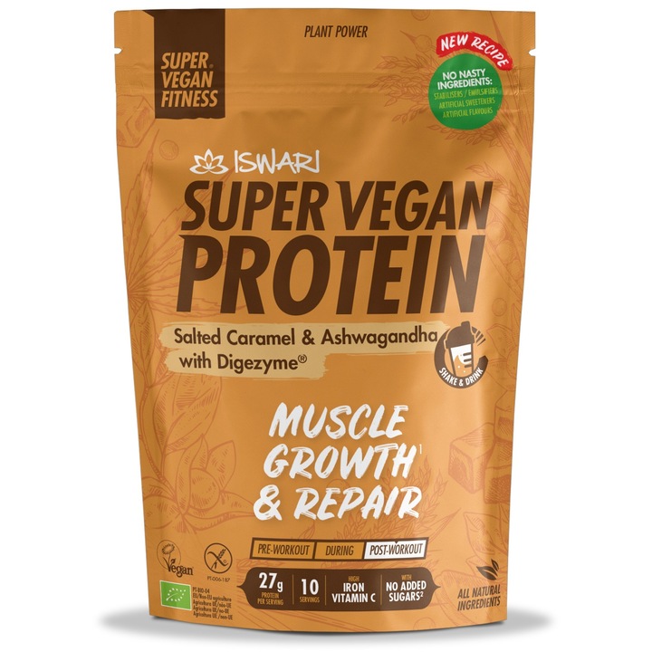 Proteina Super Vegan BIO dupa efort ashwagandha si caramel Iswari, 400 g