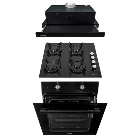 Pachet Cuptor incorporabil (1857), capacitate 51L, electric, negru, Plita incorporabila (0058), gaz butelie sau gaz natural (duze de schimb incluse), 59x51 cm, aprindere electrica, sticla neagra, Hota 1 motor, putere 140W (1895), 60X50 cm / SET 30063