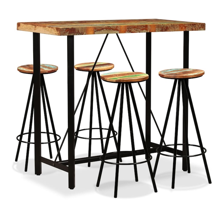 Set mobilier de bar, 5 piese, lemn masiv reciclat, design modern, pentru 4 persoane 275143