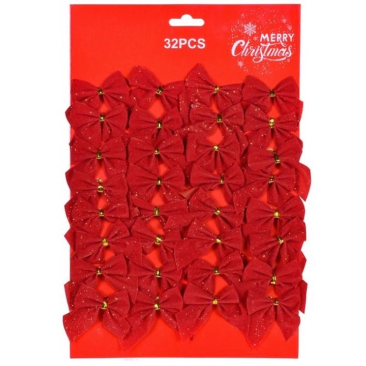 Set 32 fundite decorative pentru bradul de Craciun sau cadouri, rosu, 5 cm