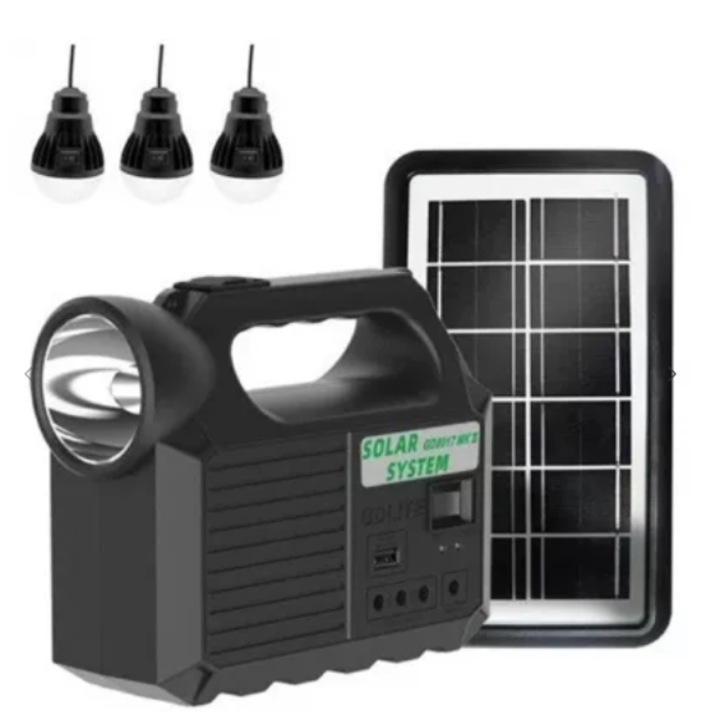 Преносим соларен комплект с 3 крушки, Bluetooth, FM / TF, USB, SMD LED, 8000 mAH, 14 часа работа, LED фенерче, 10 часа зареждане, Черен