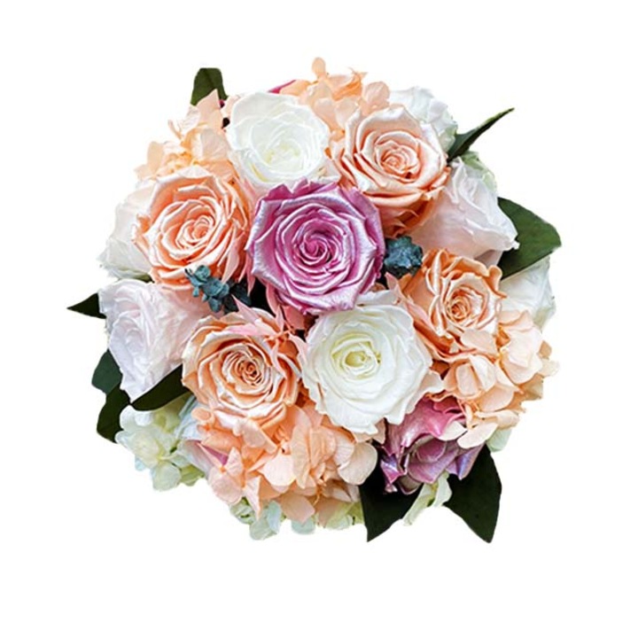 Anastasia menyasszonyi csokor kriogén rózsákkal és hortenziákkal, Velve, 30 cm