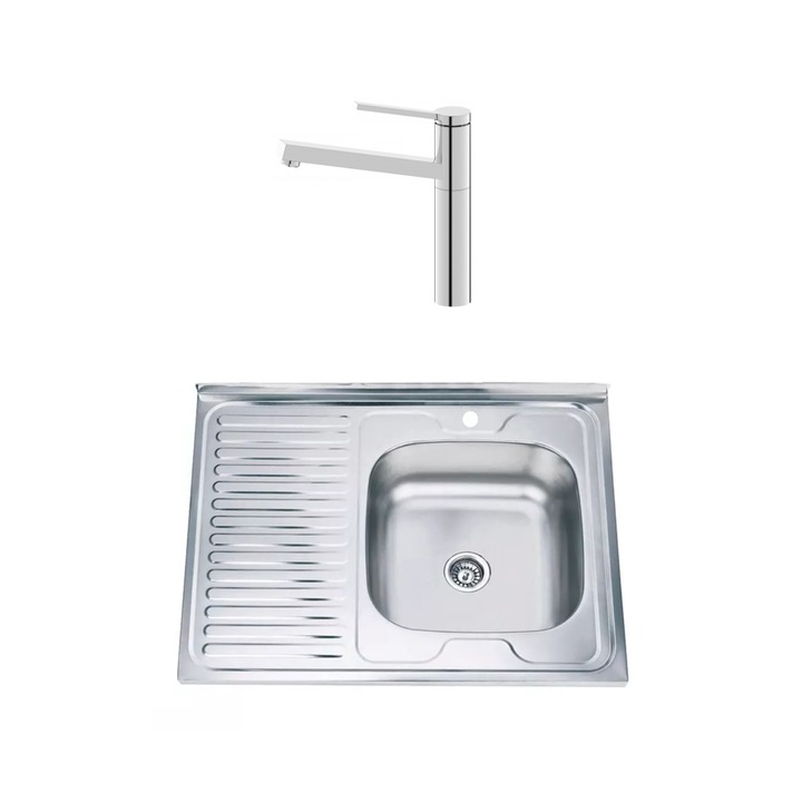 Set chiuveta de bucatarie, Inter Ceramic, ICF 7179187, 80 x 60 cm, 2 piese, Crom