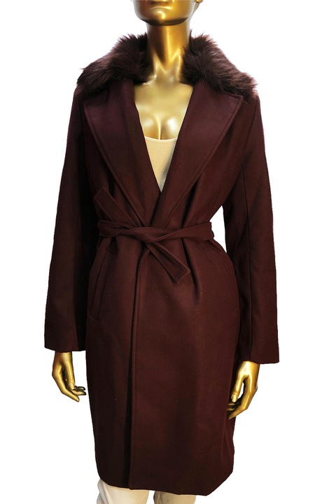 Női kabát New Look smaragdszőrme Clr 5838566 10-201, hosszú, tológallér, öv, bordó, 44/XL