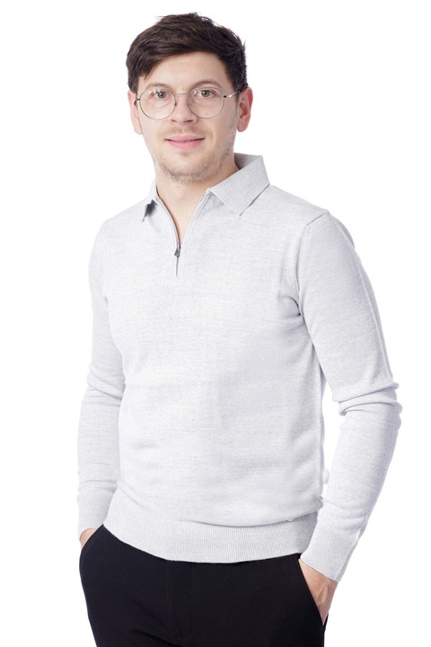 Pulover barbati guler polo cu fermoar, Gri