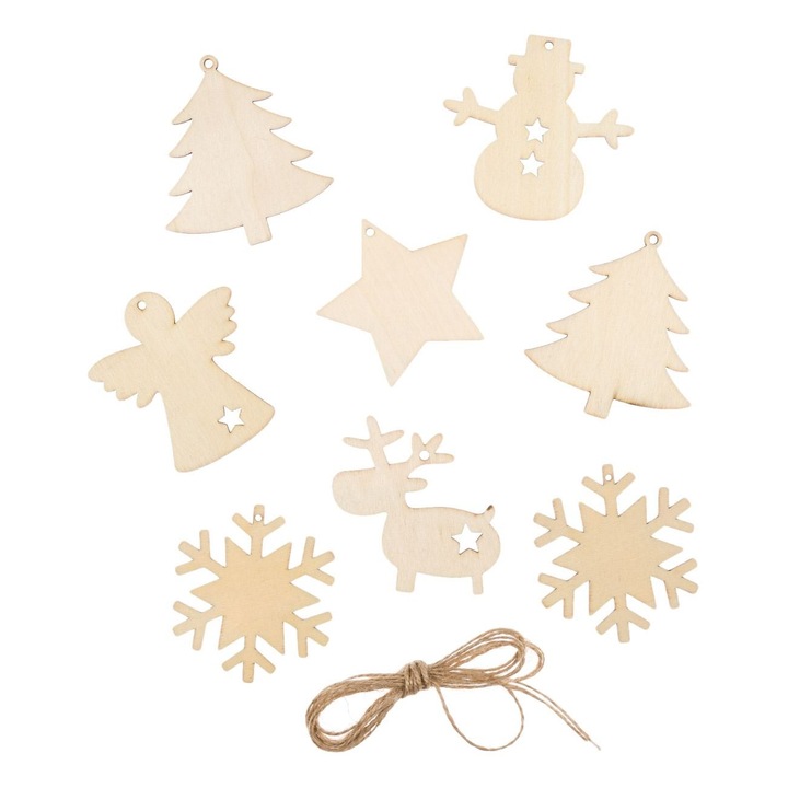 Set Decoratiuni Craciun, Model Diverse, Lemn, 8 Bucati