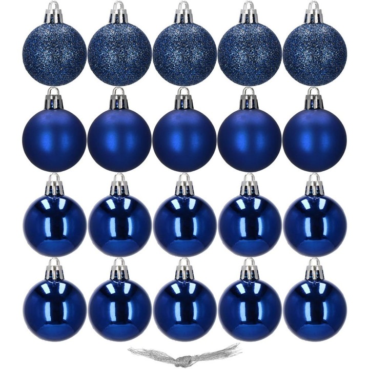 Set 20 globuri de Craciun, 4 cm, mat, sclipici, stralucitor, albastru