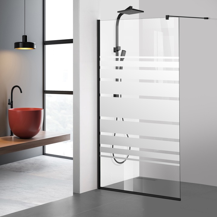 Paravan dus walk-in Aqua Roy® Black, model Multiline incolor, feronerie full inox negru mat, sticla 8 mm clara, securizata, anticalcar, 60x195 cm