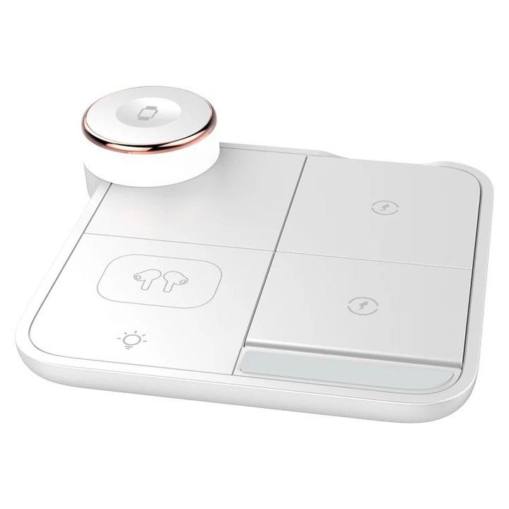 Incarcator Wireless tip Statie Pliabi cu Incarcare 4 In 1 Qi Fast Charger 15W, Lumina ambientala si Incarcare Rapida Compatibil Cu Dispozitive iOS/Android si iWatch, Alb