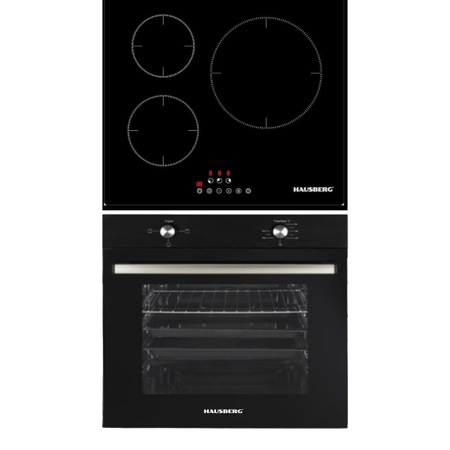 Pachet Incorporabil Cuptor electric Hausberg HB-8051NG, Clasa A, 76L, 2000W, Negru, Plita incorporabila HB1530, Electrica, Inductie, 3 zone de gatit, PowerBoost, 60 cm, Negru
