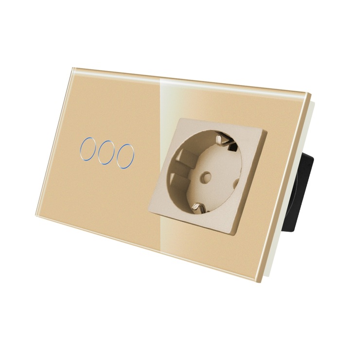 Luxion Hármas Érintőkapcsoló + Konnektor, Kristályüveg, Nedvességálló, Érintőgombos, Arany