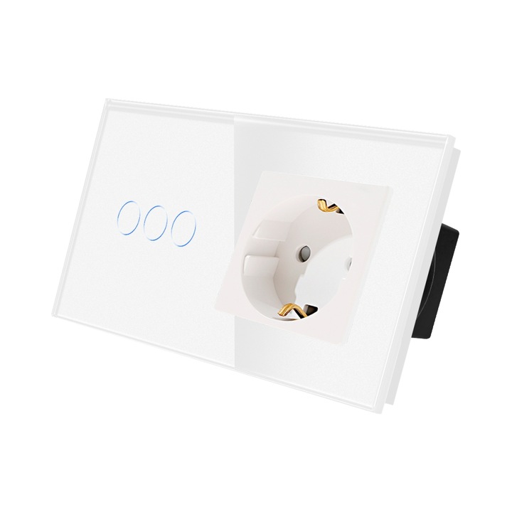 Luxion Hármas Érintőkapcsoló + Konnektor, Kristályüveg, Nedvességálló, Érintőgombos, Fehér