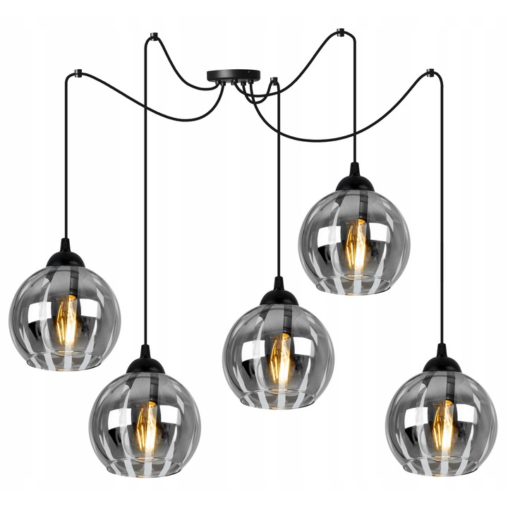 Lustra spider, Light Home, Eliza, 5 puncte de lumina, E27, 230V, 60W, 200cm, Clasa A, LED, Sticla, Negru/Argintiu