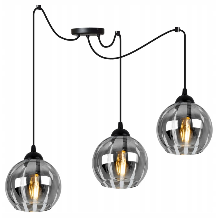 Lustra spider, Light Home, Eliza, 3 puncte de lumina, E27, 230V, 60W, 200cm, Clasa A, LED, Sticla, Negru/Argintiu