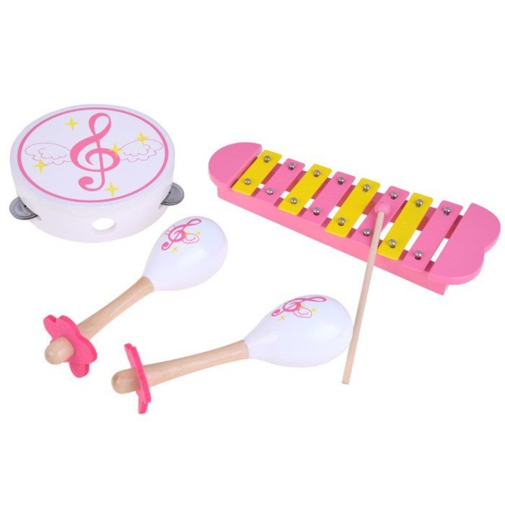 Set xilofon/maracas/tamburina pentru copii, Jokomisiada, Lemn, Roz/Galben/Alb