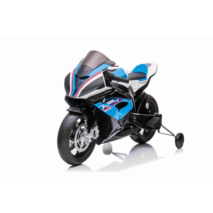 Elektromos Motor BMW HP4 RACE 12V, kék, Eredeti licenc, Segéd kerekek, Puha EVA kerekek, 2 x 35W motor, Rugózott kerekek, fém váz, fém villa
