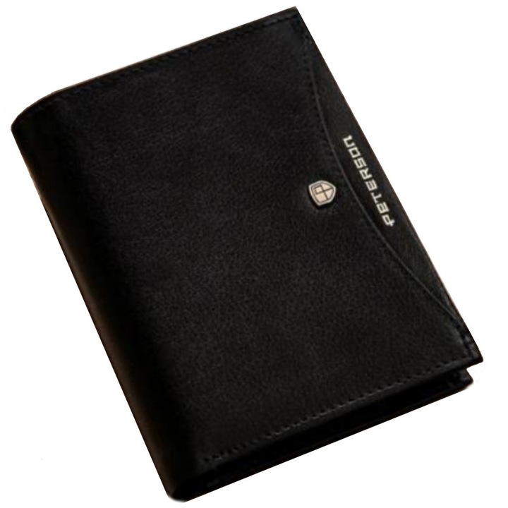 Portofel Barbati, Peterson, 12x9.5x2.5 cm, Piele Naturala, Protectie RFID, Orientare Verticala, Inchidere Externa Absenta, 10 Locuri Pentru Carduri, 4 Locuri Pentru Documente De Format Mai Mare, Negru