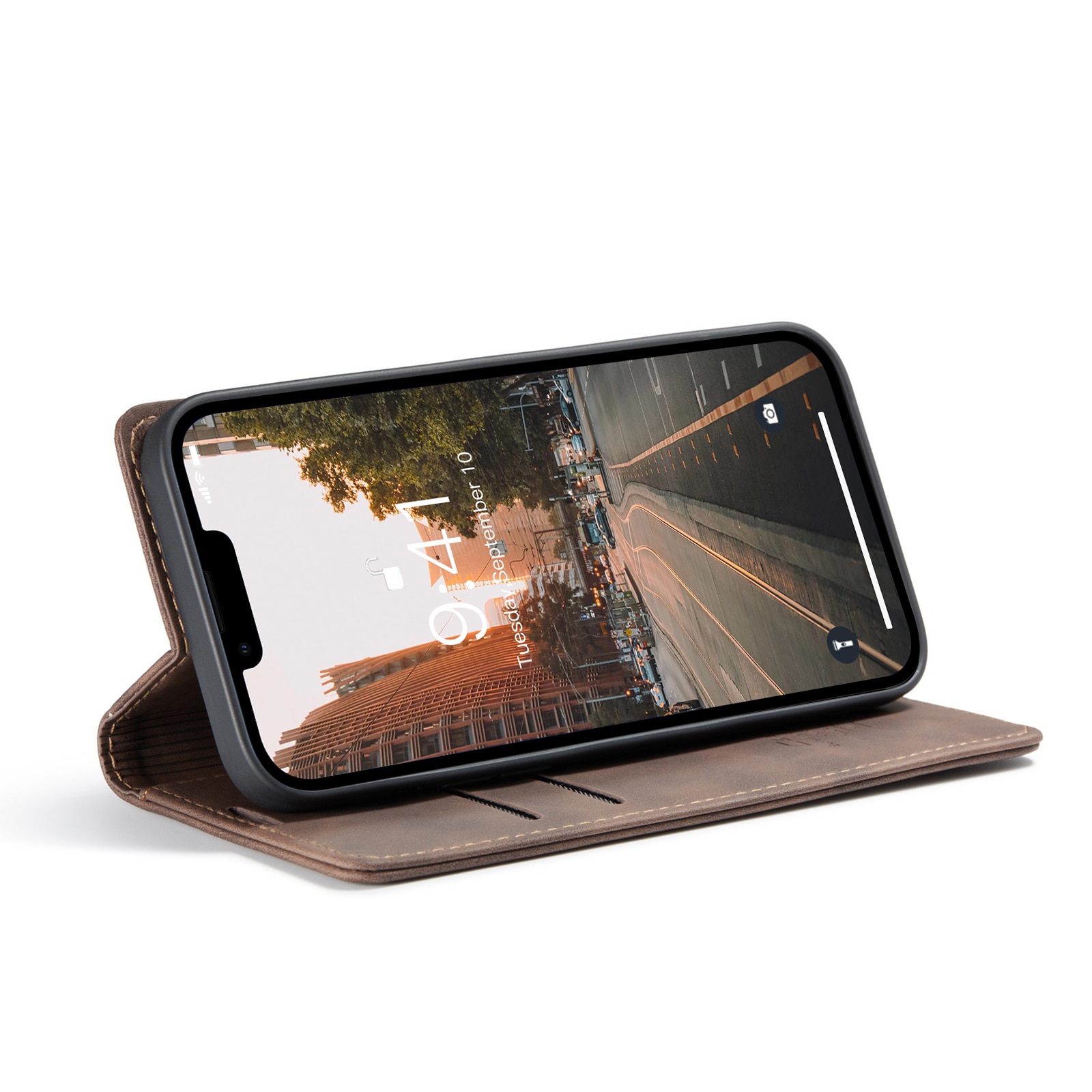 Husa pentru iPhone 14, CaseMe, slim piele, tip portofel, stand, inchidere magnetica, textura catifelata, Visiniu