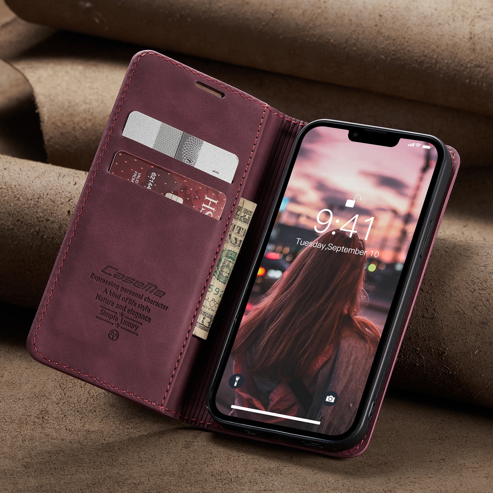 Husa pentru iPhone 14, CaseMe, slim piele, tip portofel, stand, inchidere magnetica, textura catifelata, Visiniu