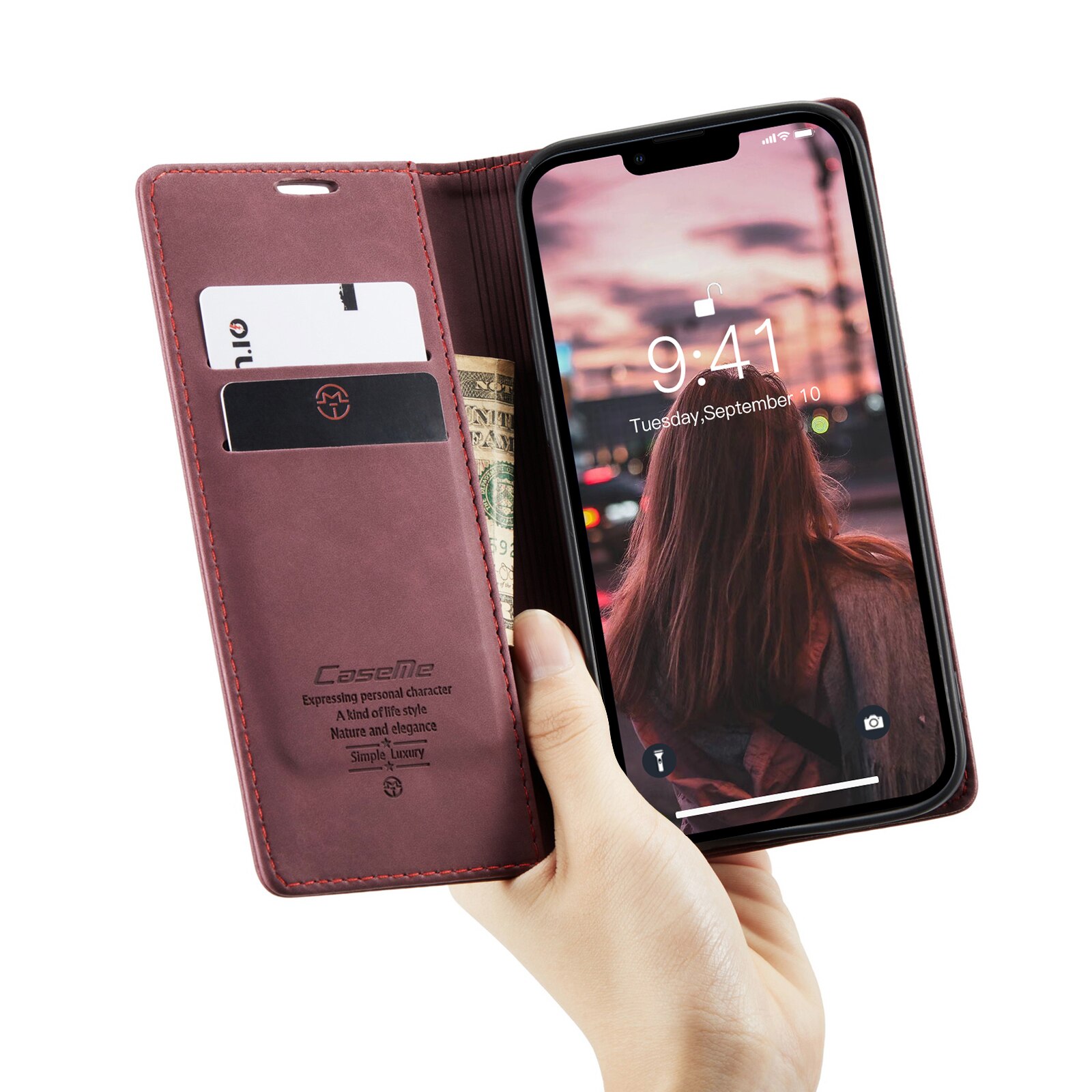 Husa pentru iPhone 14, CaseMe, slim piele, tip portofel, stand, inchidere magnetica, textura catifelata, Visiniu