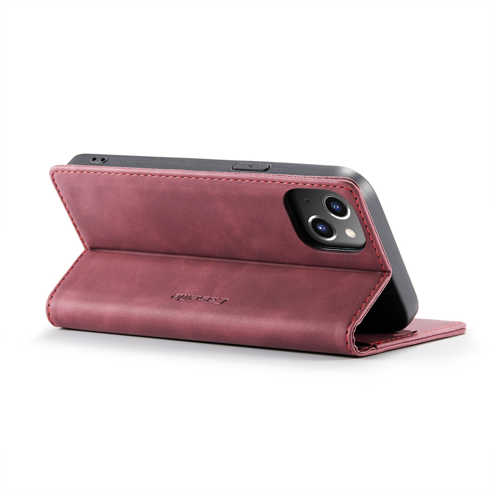 Husa pentru iPhone 14, CaseMe, slim piele, tip portofel, stand, inchidere magnetica, textura catifelata, Visiniu