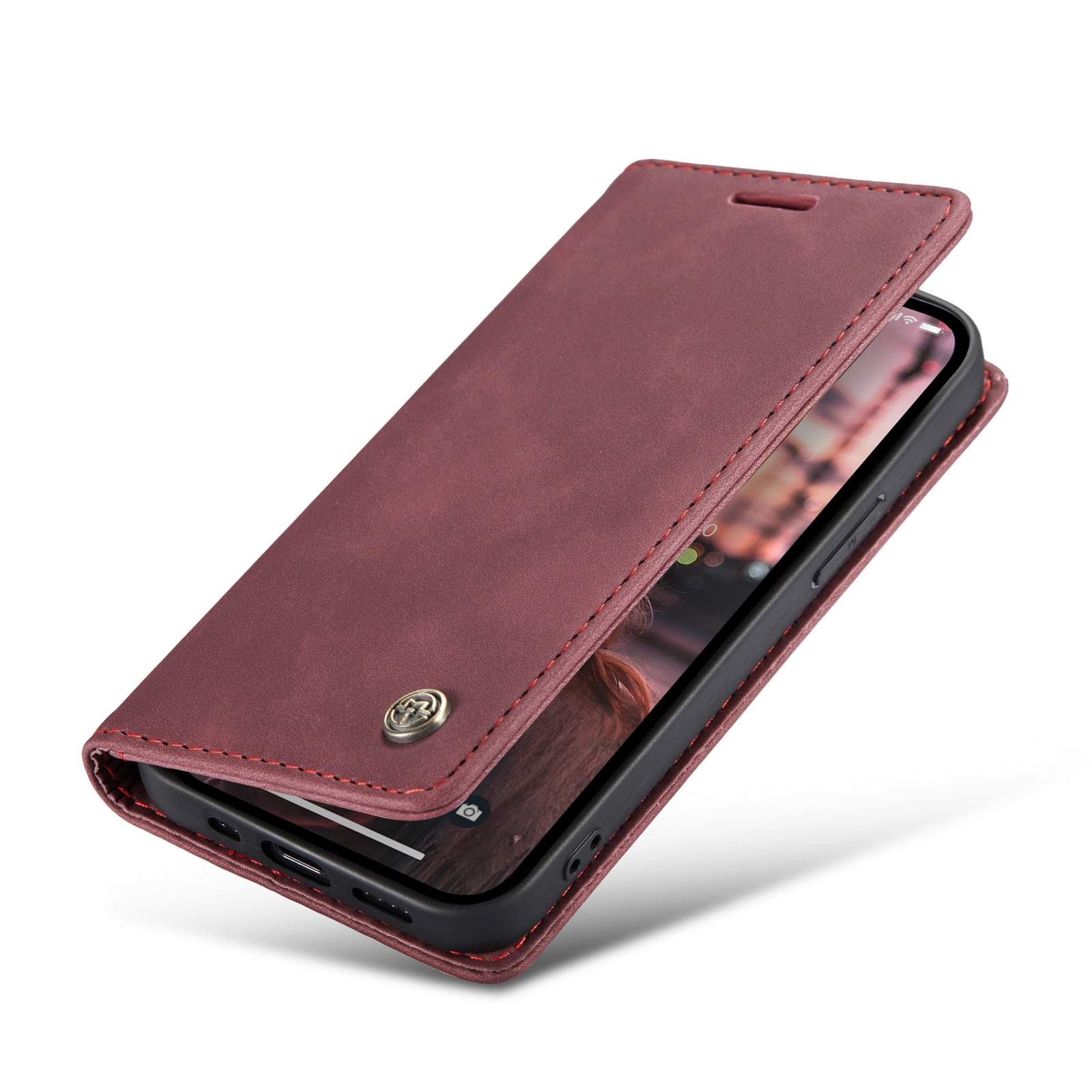 Husa pentru iPhone 14, CaseMe, slim piele, tip portofel, stand, inchidere magnetica, textura catifelata, Visiniu