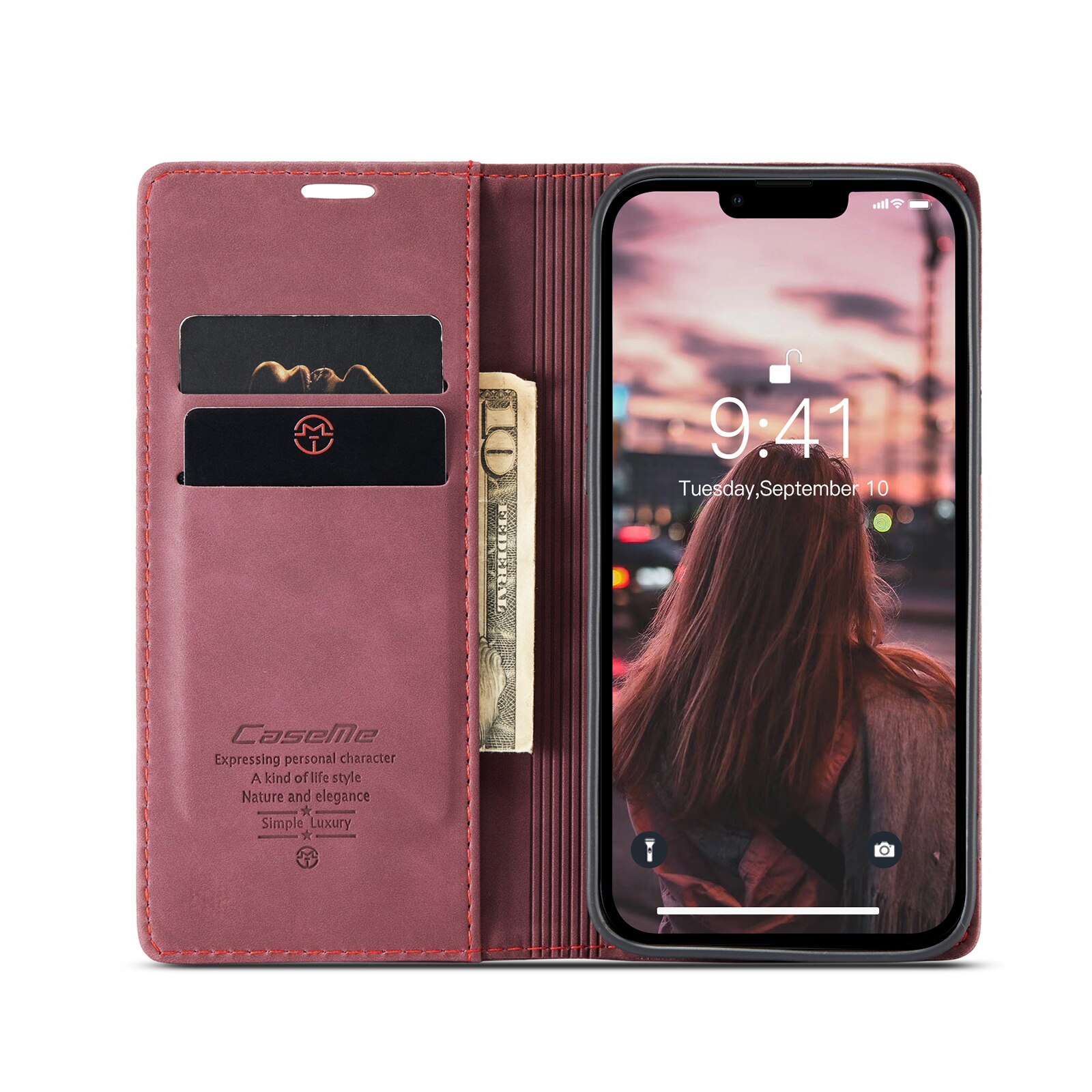 Husa pentru iPhone 14, CaseMe, slim piele, tip portofel, stand, inchidere magnetica, textura catifelata, Visiniu
