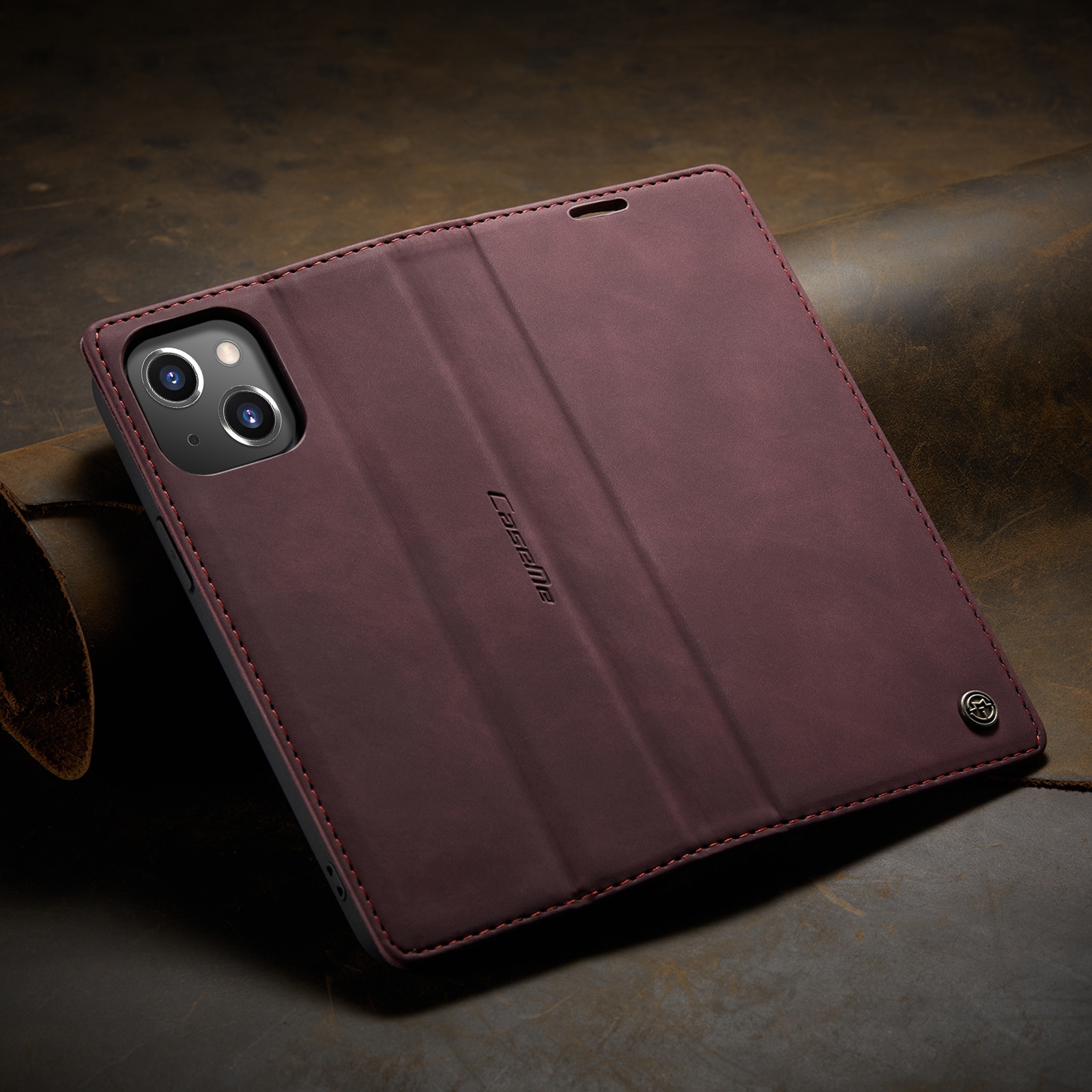 Husa pentru iPhone 14, CaseMe, slim piele, tip portofel, stand, inchidere magnetica, textura catifelata, Visiniu