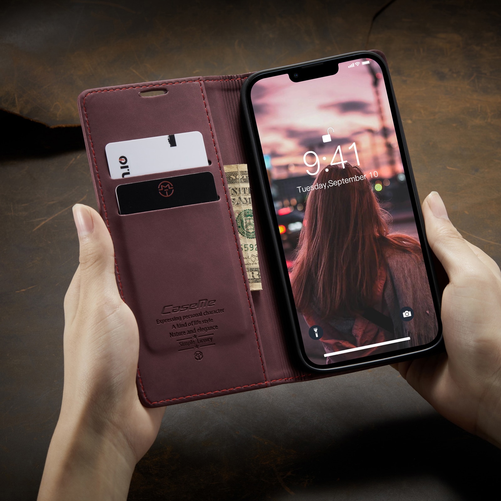 Husa pentru iPhone 14, CaseMe, slim piele, tip portofel, stand, inchidere magnetica, textura catifelata, Visiniu