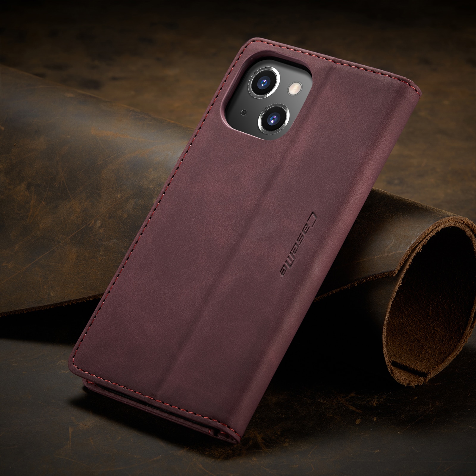Husa pentru iPhone 14, CaseMe, slim piele, tip portofel, stand, inchidere magnetica, textura catifelata, Visiniu