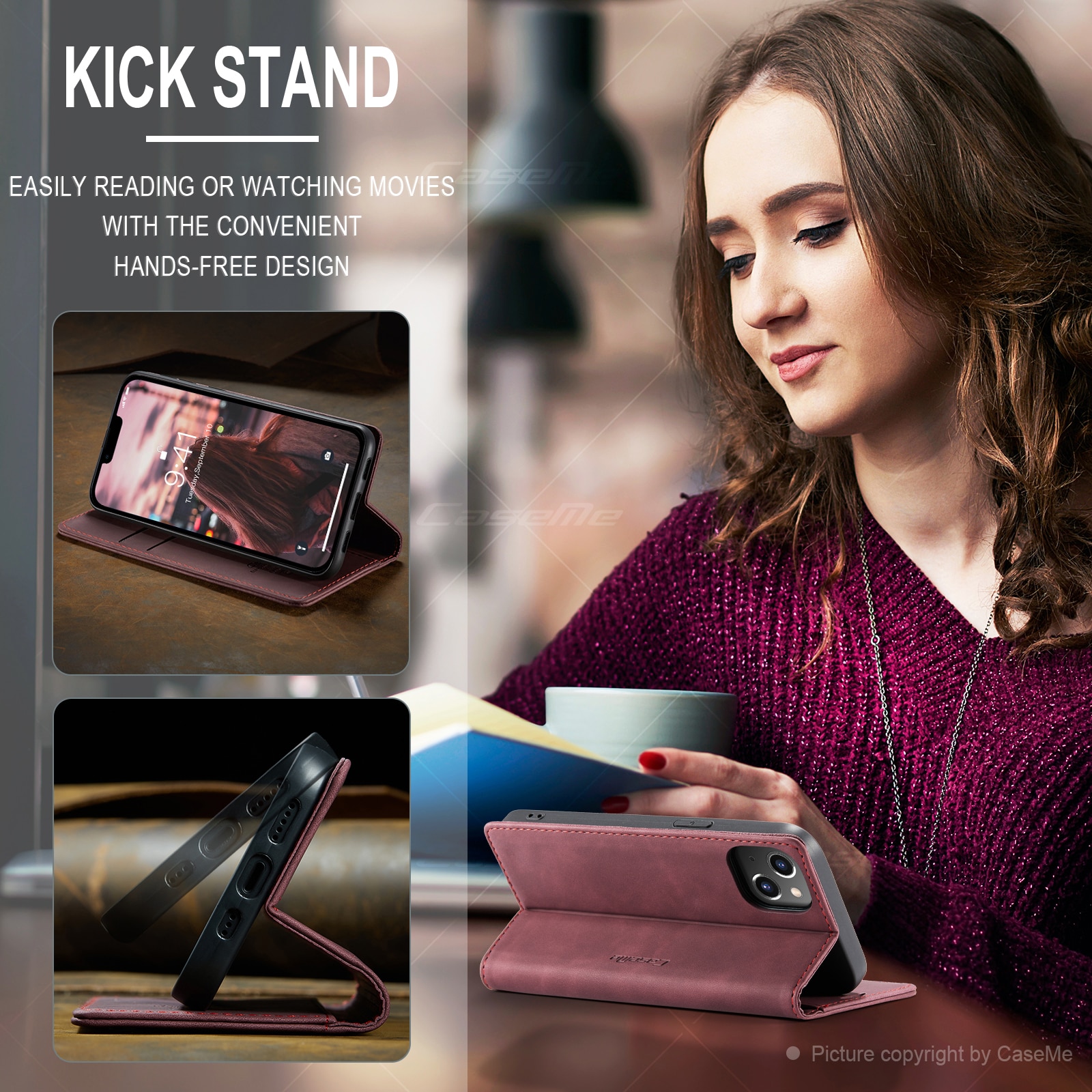 Husa pentru iPhone 14, CaseMe, slim piele, tip portofel, stand, inchidere magnetica, textura catifelata, Visiniu