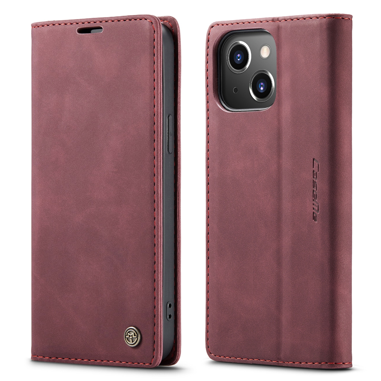 Husa pentru iPhone 14, CaseMe, slim piele, tip portofel, stand, inchidere magnetica, textura catifelata, Visiniu