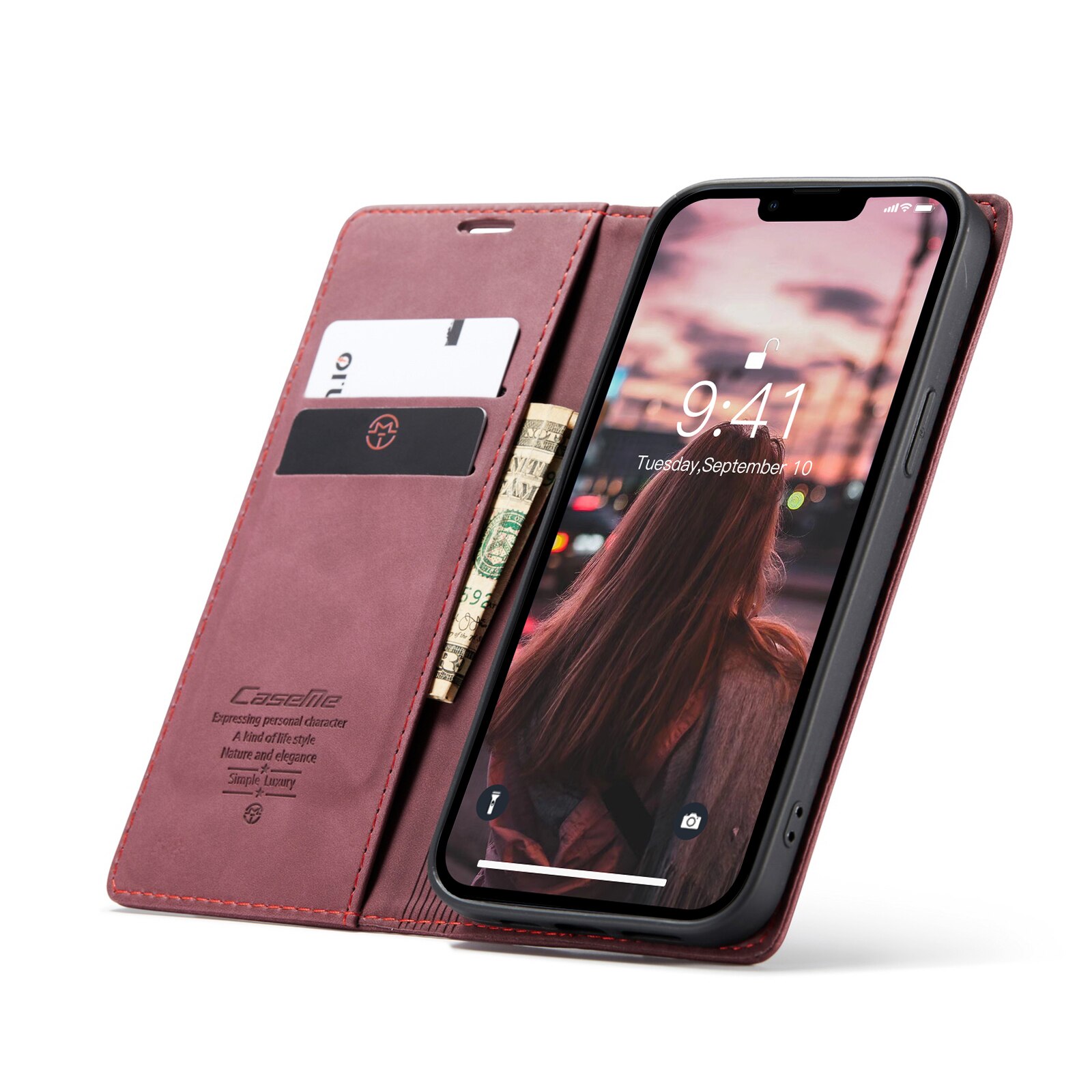 Husa pentru iPhone 14, CaseMe, slim piele, tip portofel, stand, inchidere magnetica, textura catifelata, Visiniu
