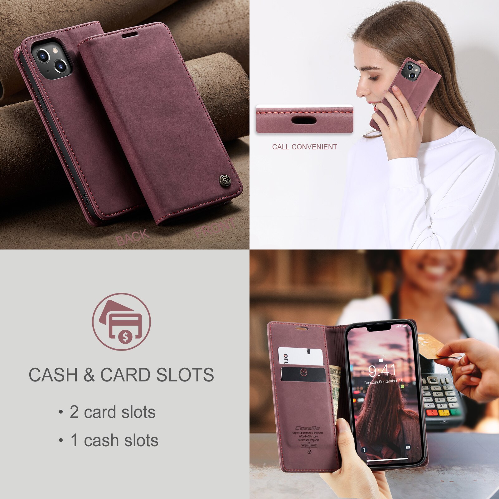 Husa pentru iPhone 14, CaseMe, slim piele, tip portofel, stand, inchidere magnetica, textura catifelata, Visiniu