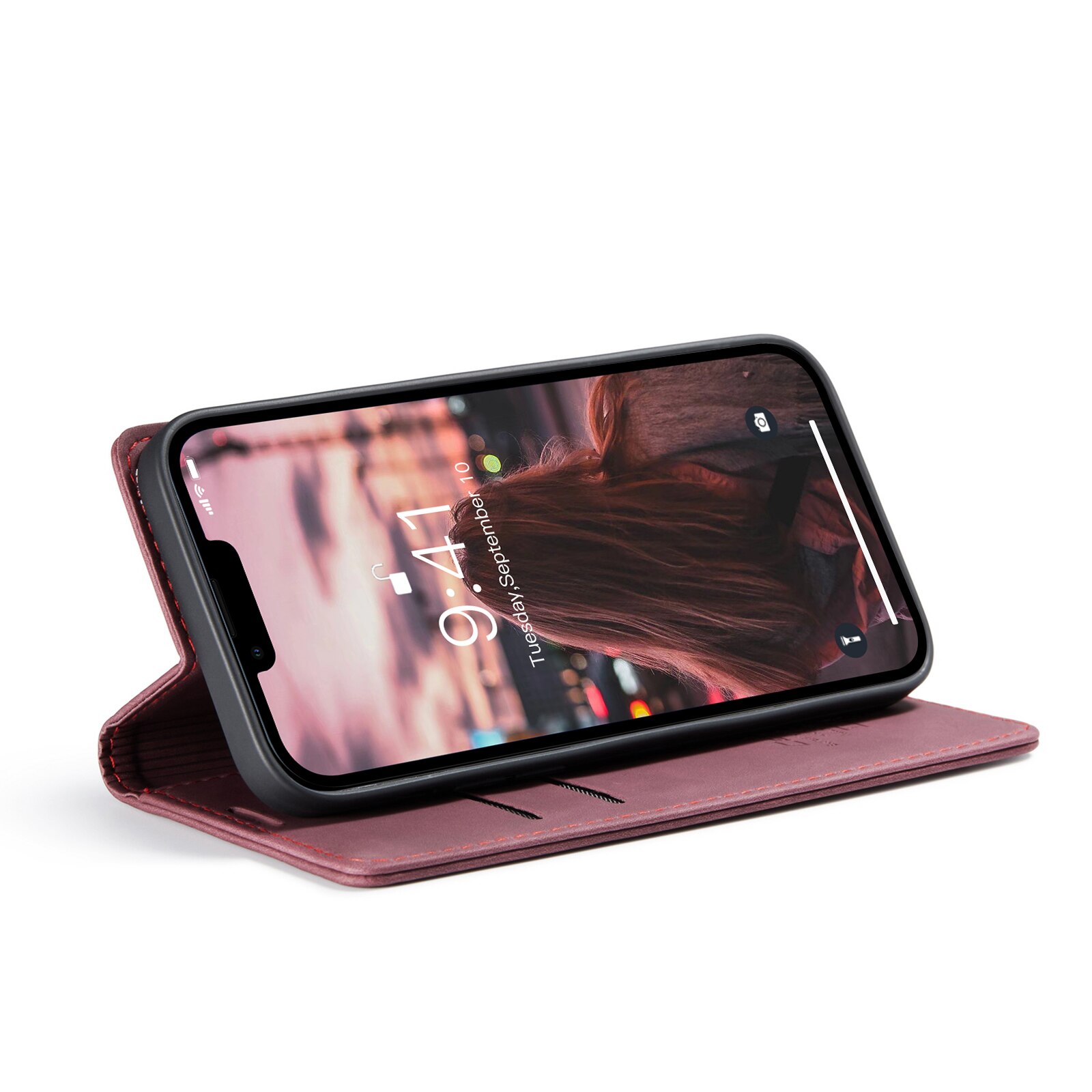 Husa pentru iPhone 14, CaseMe, slim piele, tip portofel, stand, inchidere magnetica, textura catifelata, Visiniu