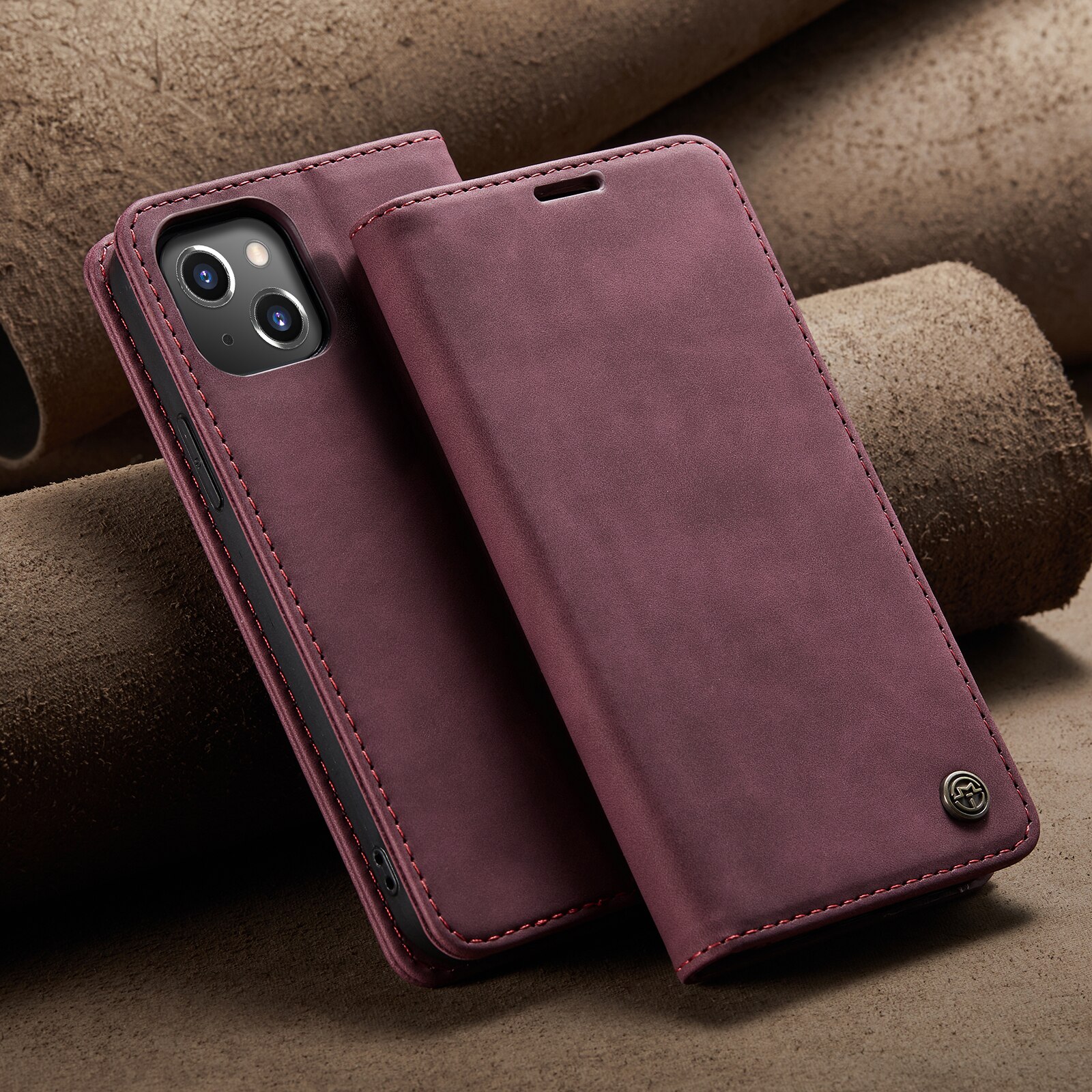 Husa pentru iPhone 14, CaseMe, slim piele, tip portofel, stand, inchidere magnetica, textura catifelata, Visiniu