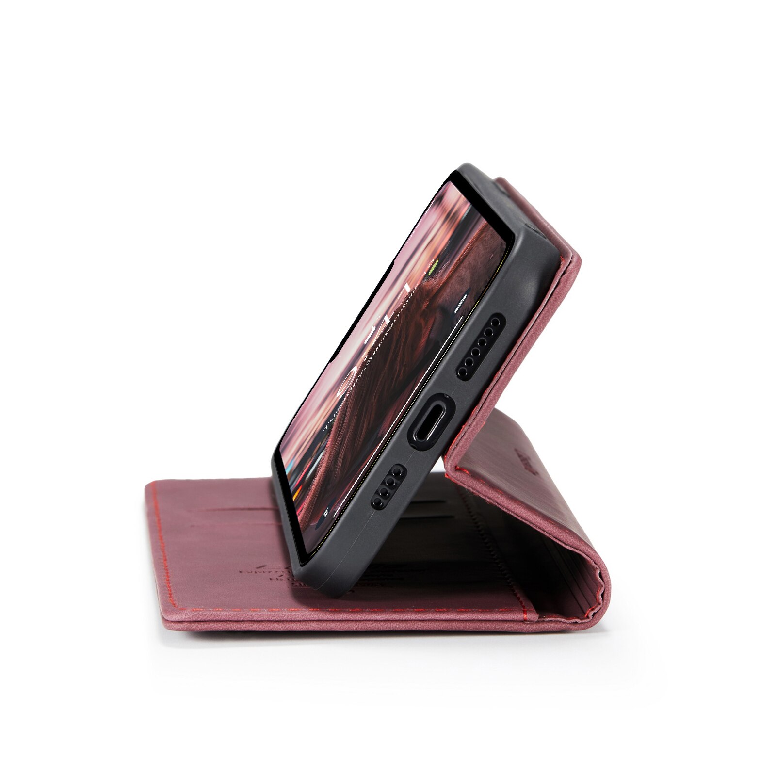 Husa pentru iPhone 14, CaseMe, slim piele, tip portofel, stand, inchidere magnetica, textura catifelata, Visiniu