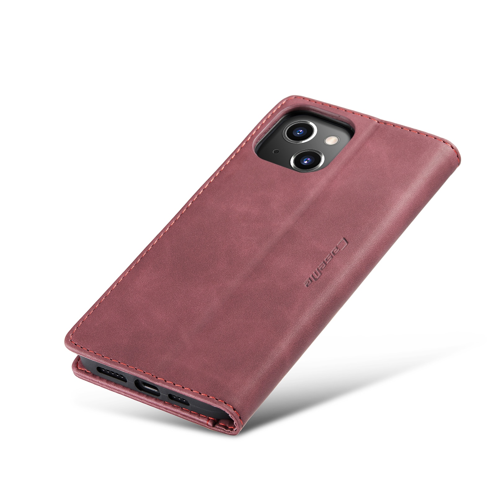Husa pentru iPhone 14, CaseMe, slim piele, tip portofel, stand, inchidere magnetica, textura catifelata, Visiniu